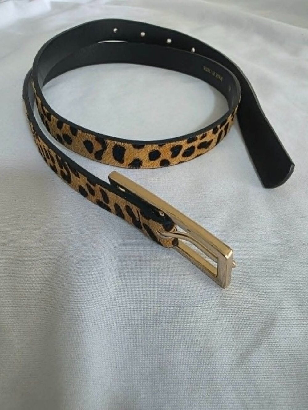 Zara Leopard Print Belt Gold Toned Rectangle Buckle Slim Animal Bold Glam Clean
